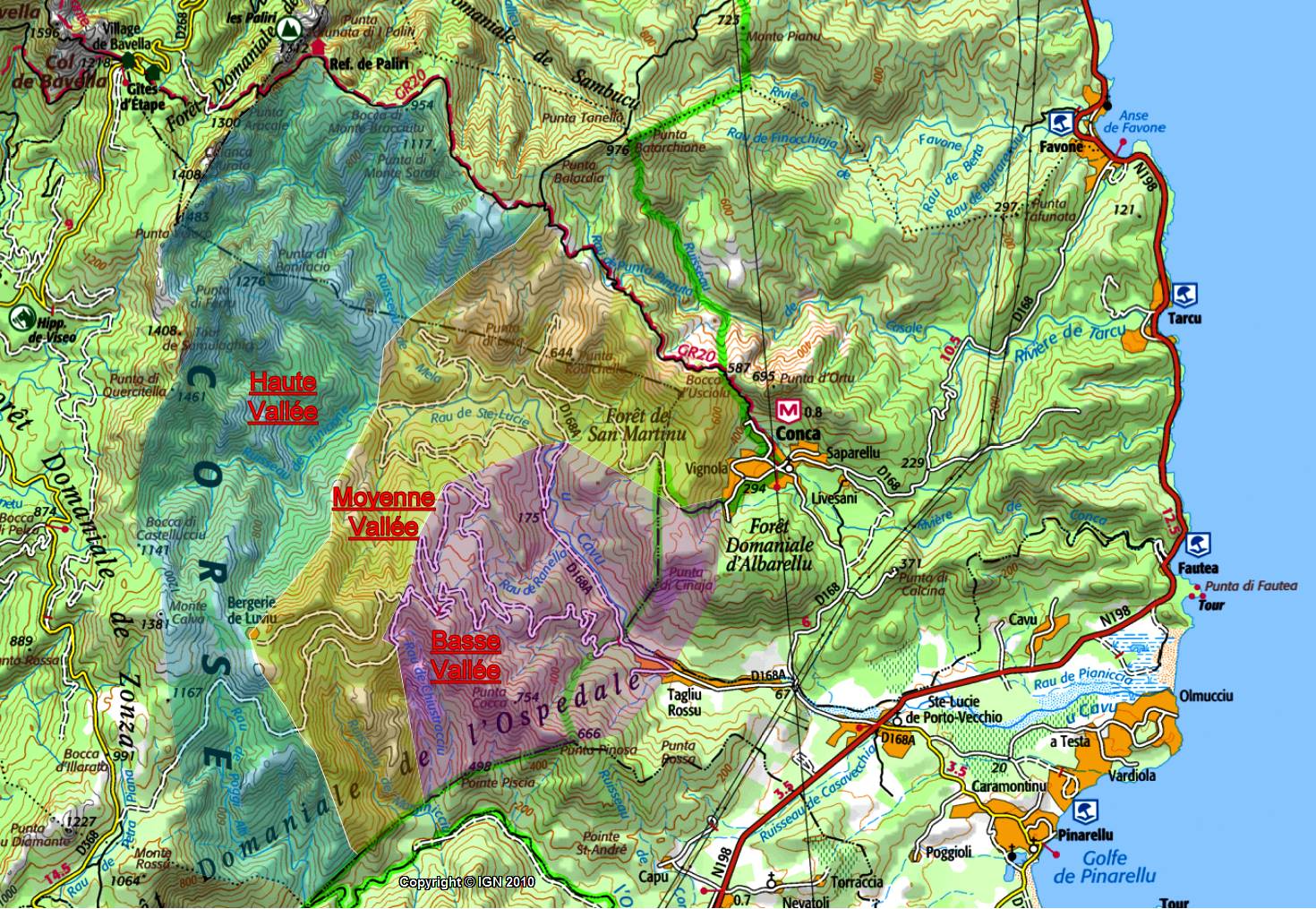 Carte du Haut-Cavu et de San Martinu avec le découpage en zones des vallées