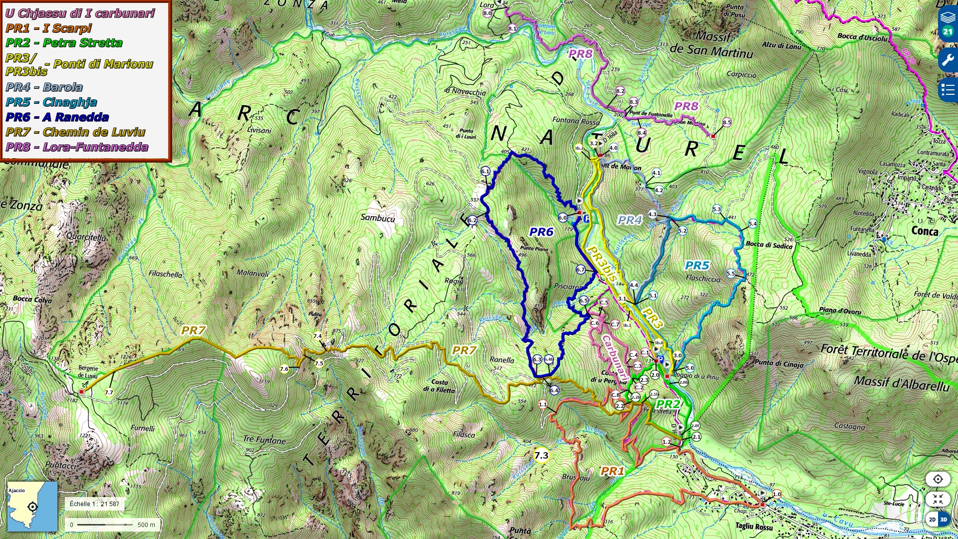 Carte IGN globale avec les parcours de basse vallée du Cavu