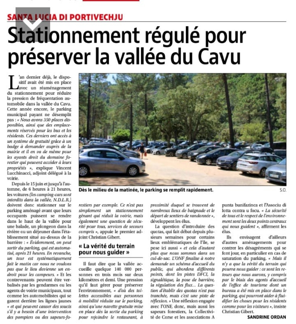 Article Corse-Matin numérique :Stationnement régulé pour prserver la vallée du Cavu